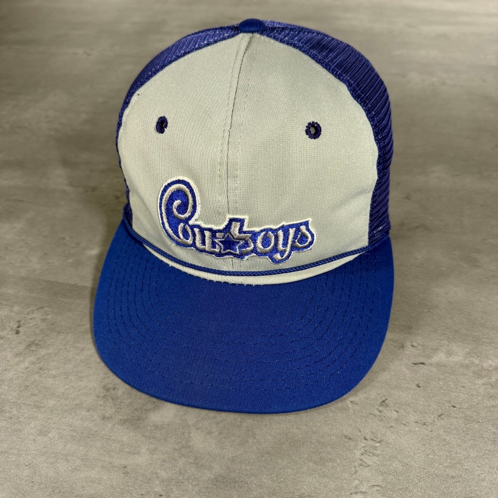 Vintage 80s Dallas Cowboys Snapback Trucker Hat Mesh Cap Gray Blue NFL Script